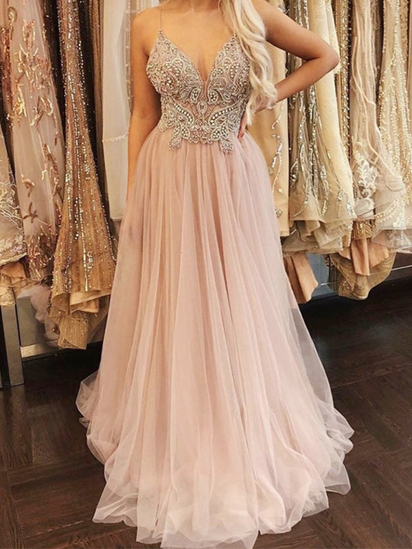Spaghetti Straps Beaded Pink Tulle Long Prom Dress, OL423