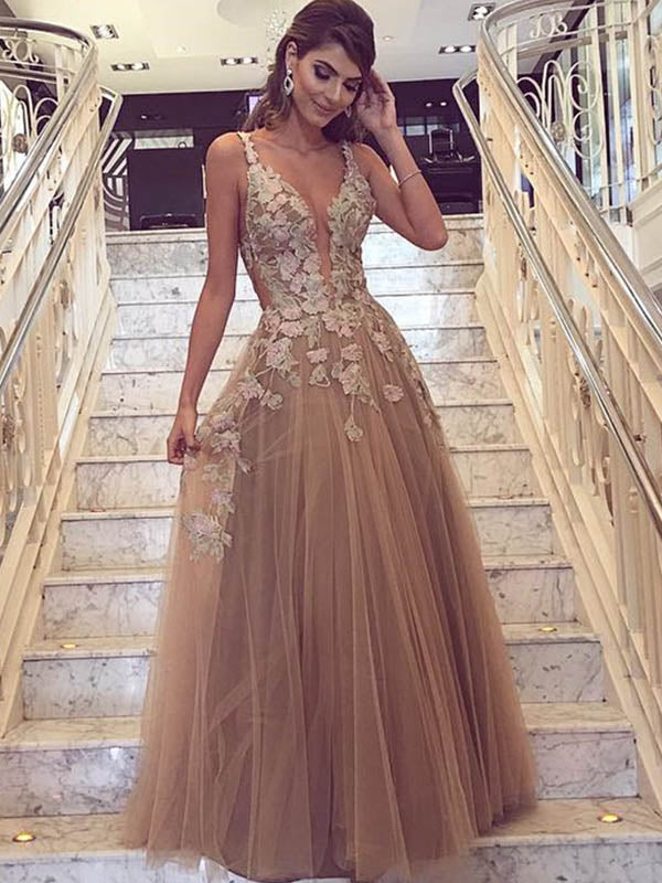 Champagne Tulle Lace Applique Prom Dress, OL425