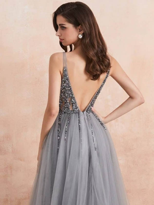 Sparkly V-neck Tulle Long Side Slit Prom Dress, DB10885