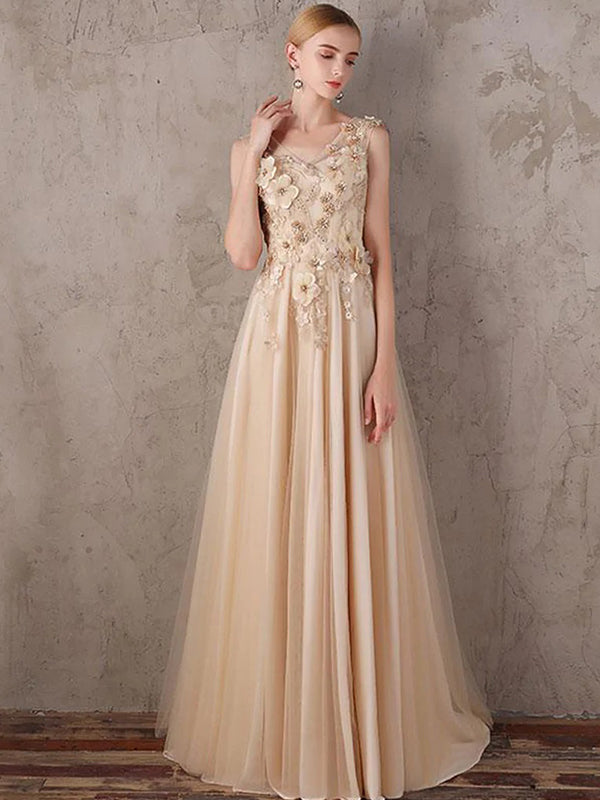 Elegant A-ine V-neck Applique Tulle Prom Dress, OL433