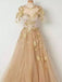 Sparkly Half Sleeves A-line Illusion Gold Applique Prom Dress, OL442