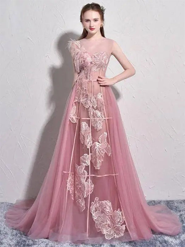 Elegant Pink Applique Illusion Prom Dress, OL456