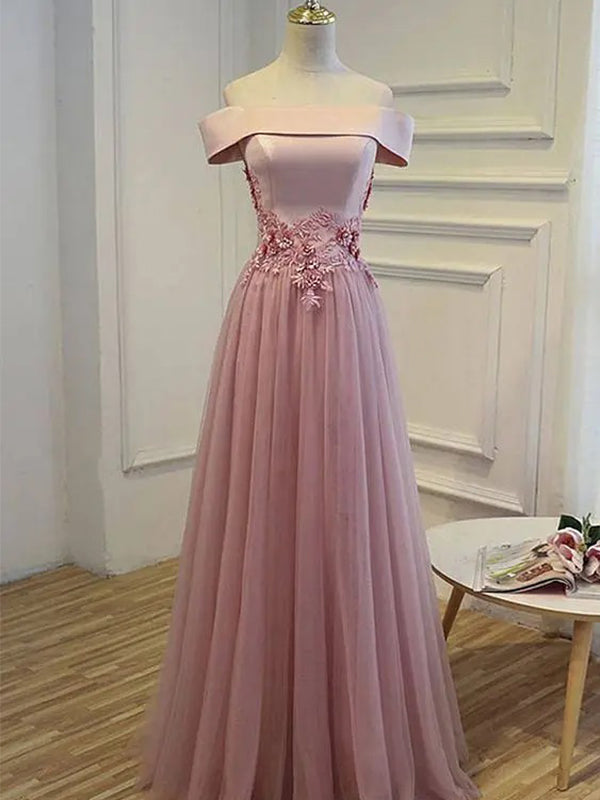 Elegant Tulle Offf Shoulder Applique Pink Prom Dress, OL466