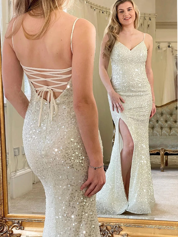Sparkly V-neck Spaghetti Straps Prom Dress with Side Slit, OL503