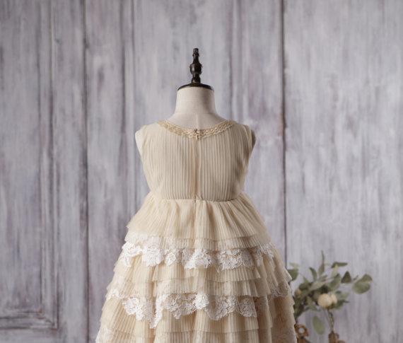 Round Neckline Sleeveless Beige Tulle Lace Flower Girl Dresses, Affordable Little Girl Dresses, FG058