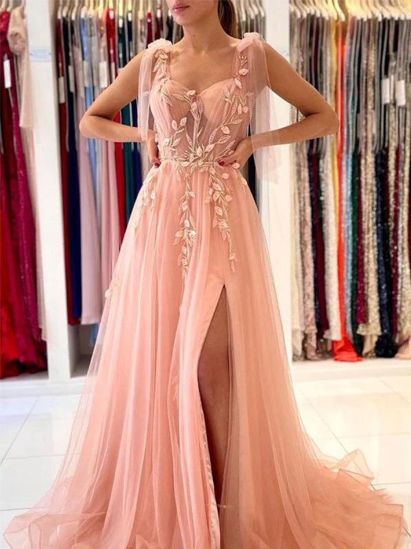 Elegant Pink Spaghetti Straps Applique Prom Dress with Side Slit, OL512