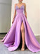 Purple Spaghetti STraps Beaded SIde Slit Prom Dress, OL534