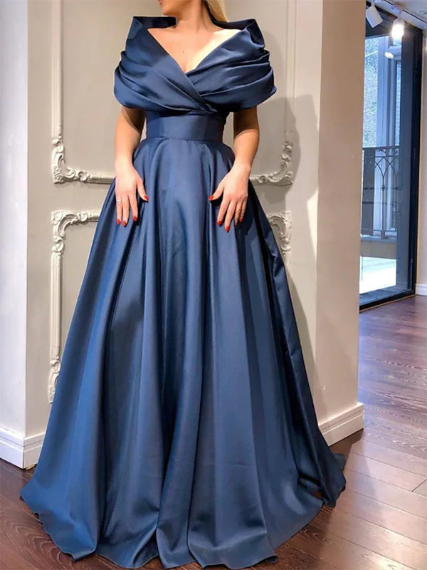 Navy Blue Satin Off Shoulder A-line Long Prom Dress, OL570