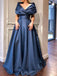 Navy Blue Satin Off Shoulder A-line Long Prom Dress, OL570