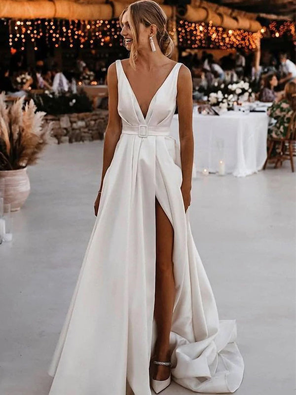 A-line Deep V-neck Open Back High Slit White Long Wedding dress, WD0430