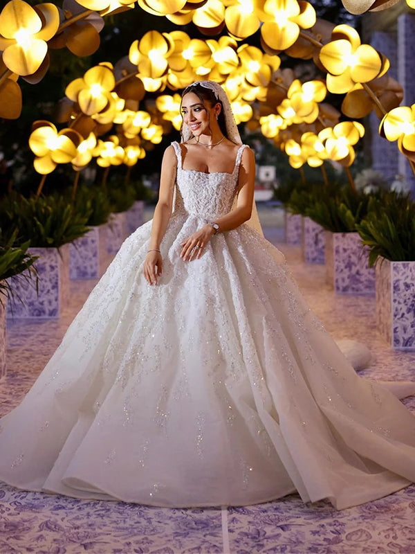 Elegant Long White A-line Appliques Lace Straps Wedding Dress, WD0440