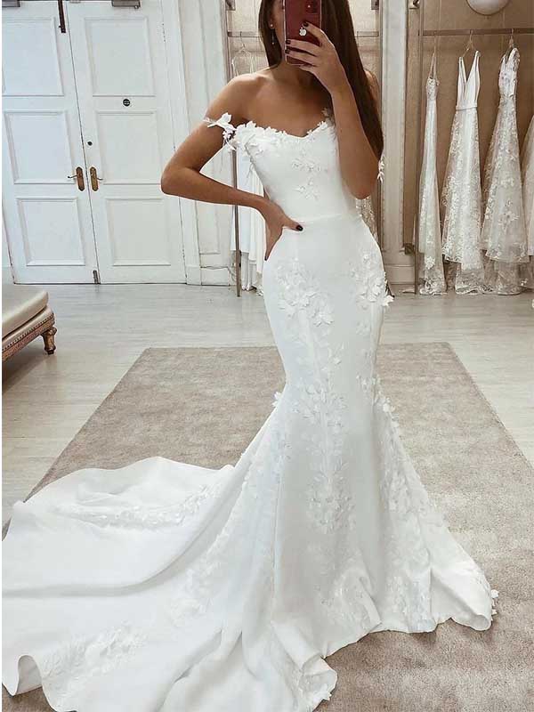 White Straps Lace Sleeveless Satin Mermaid Wedding Dress with Train, WD0476