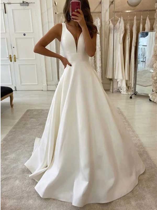 White Deep V-neck Sleeveless A-line Satin Wedding Dress, WD0490