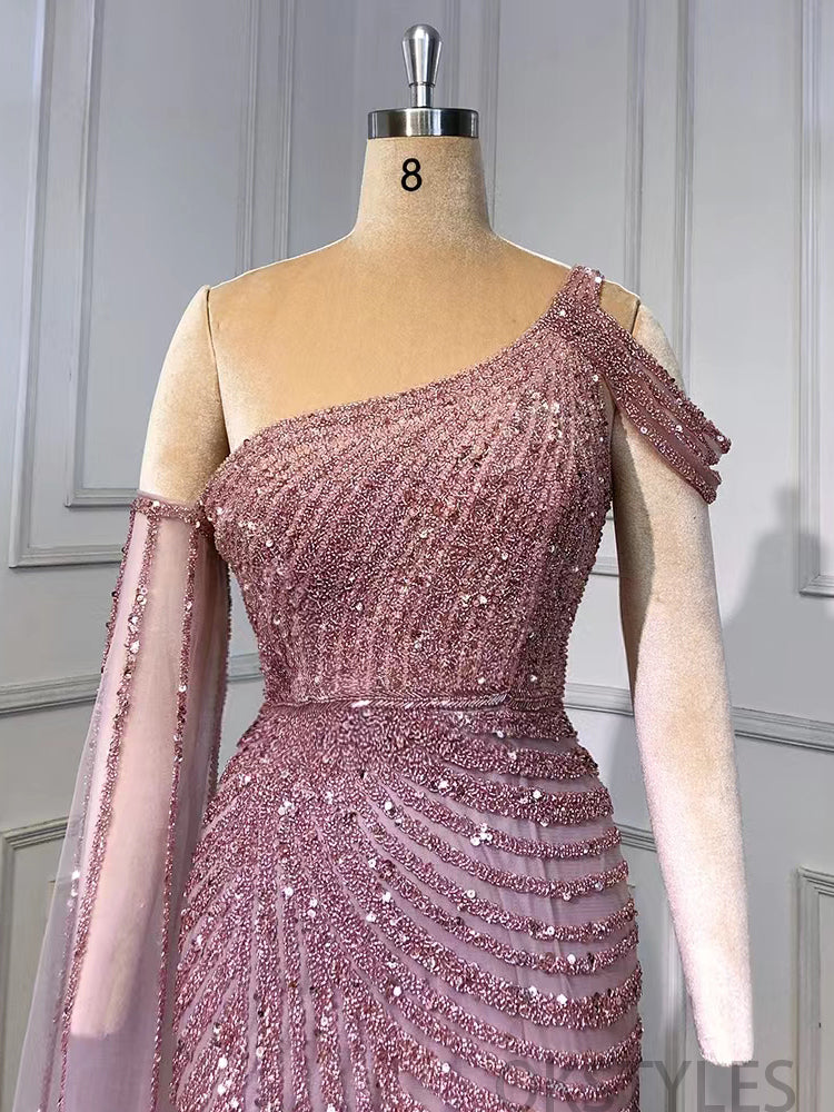 Elegent One Shoulder Sequins Side Split Prom Dresses, OT009