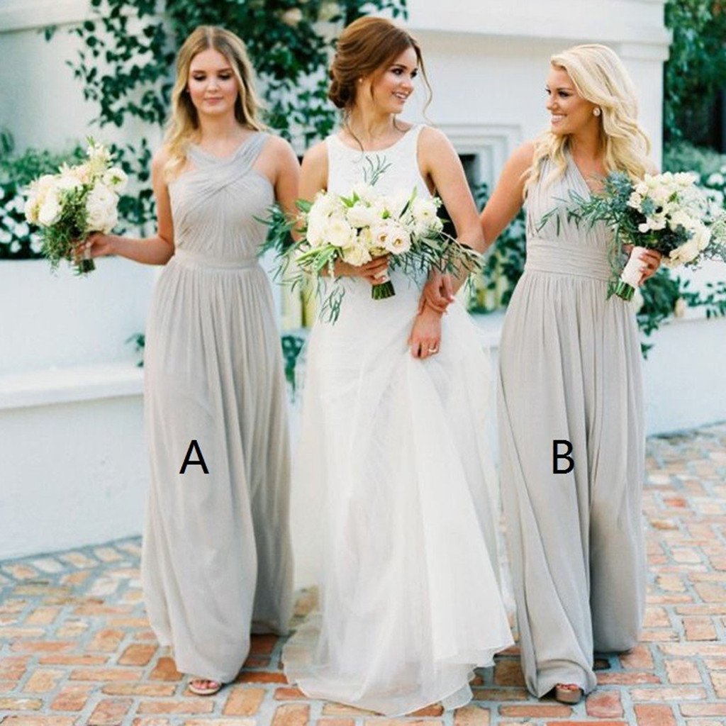 A-Line Floor-length V-Neck Light Grey Chiffon Long Bridesmaid Dresses, BD0463