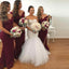 Amazing Floor-length Split Off-the-Shoulder Burgundy Lace Long Bridesmaid Dresses, BD0466