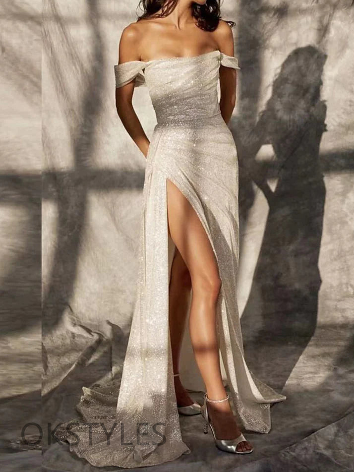 Elegent Side Slit Off-shoulder Lace Up Prom Dresses, OT066