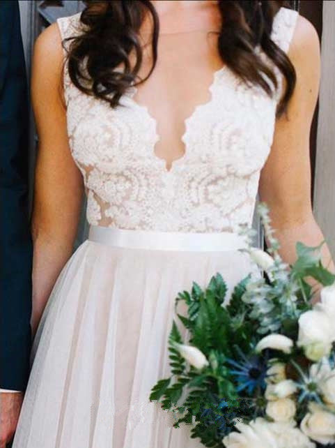 A-line Floor-length sleeveless Beautiful Illusion Neckline Lace Beach Wedding Dress, WD0403