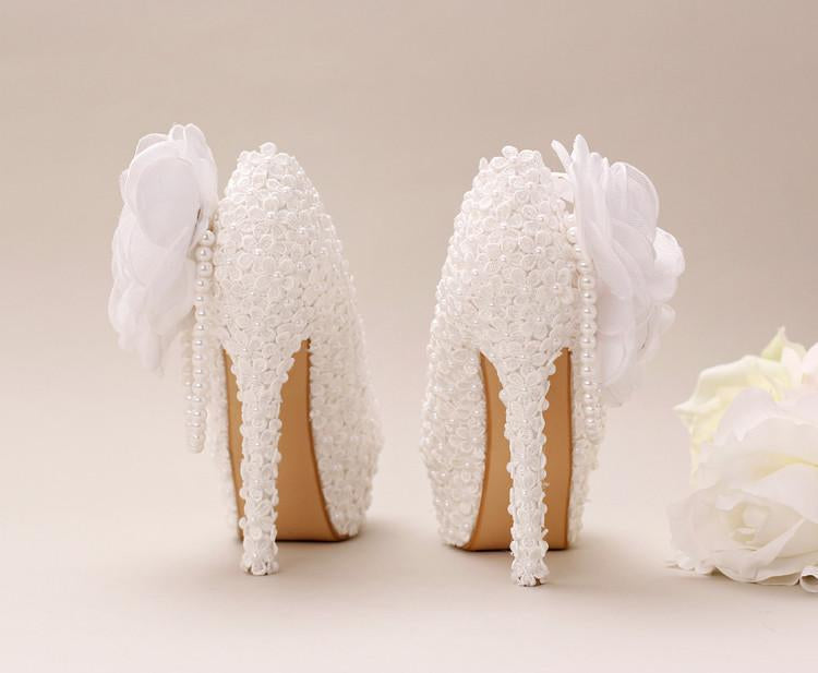 Pointed Toe Lace Wedding Shoes With Handmade Flowers, S033
