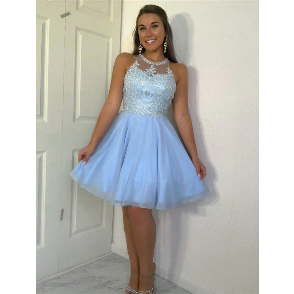 Amazing Halter Sleeveless Appliques Beading Top Tulle Homecoming Dresses, HD0485