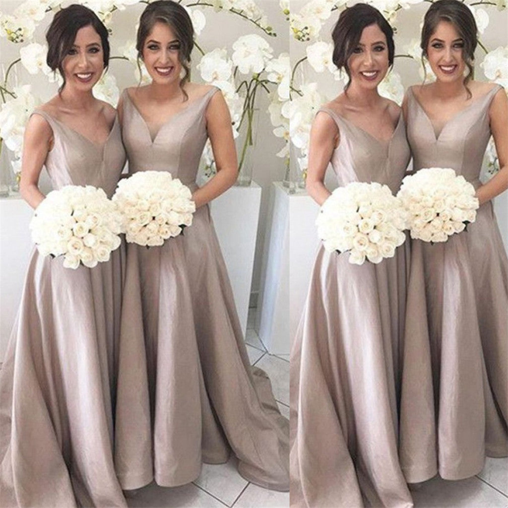 A-Line Sleeveless V-Neck Floor-Length simple cheap Bridesmaid dresses with tail,  BD0104