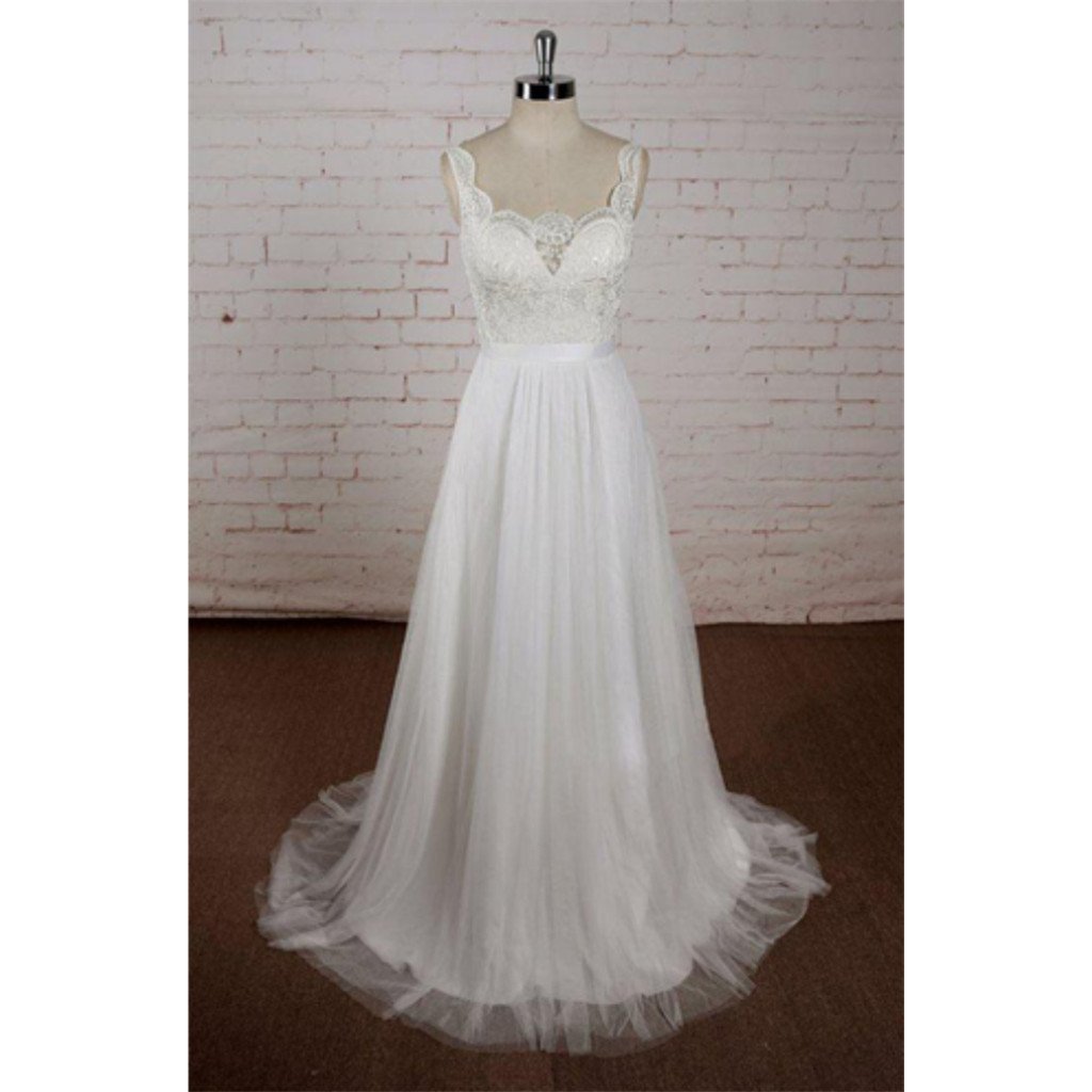 A-line V-neck Lace Top Tulle Skirt Sleeveless Simple Cheap Wedding Dress, WD0373