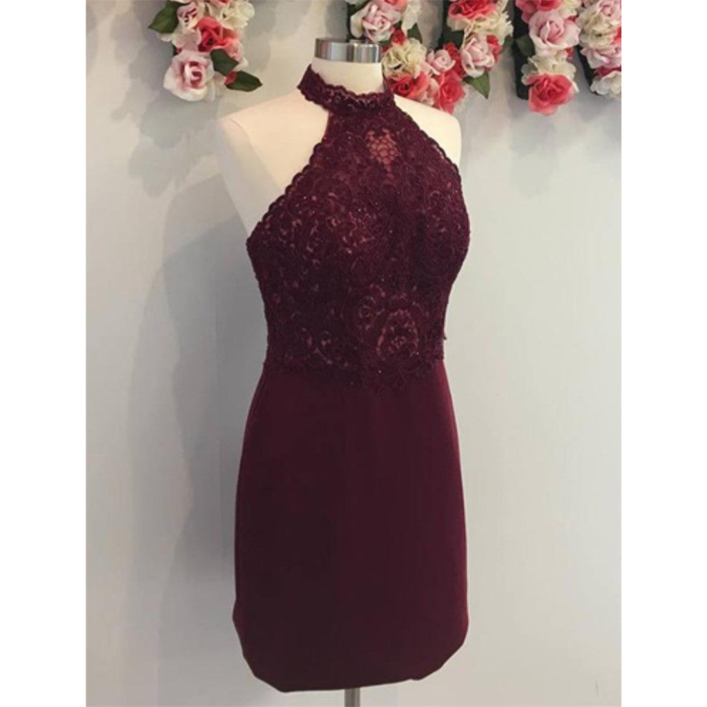 Cheap Halter Maroon Lace Short Homecoming Dresses Online, CM675