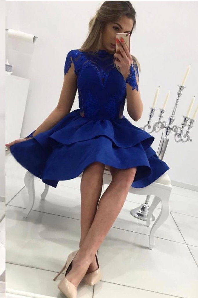 New Arrival Long sleeves Blue Lace Appliques Short Homecoming dresses, HD0370