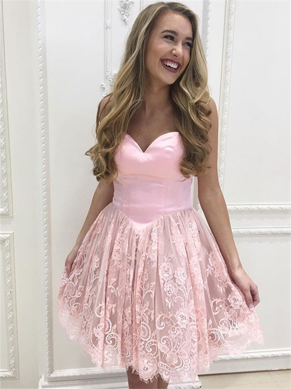Newest Sweetheart Strapless Lace Short Pink Homecoming Dresses, HD0529