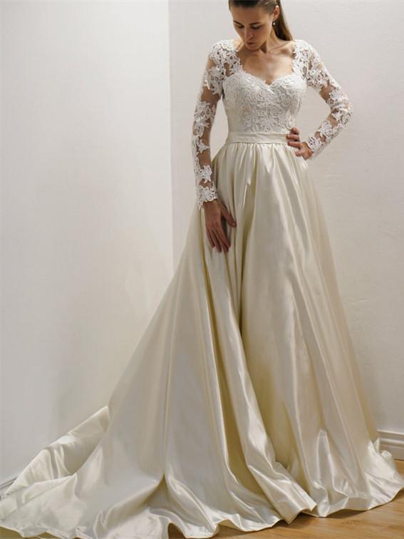 Gorgeous Long sleeves Lace Top Wedding Gown, Custom Made Long Wedding Dresses, WD0370