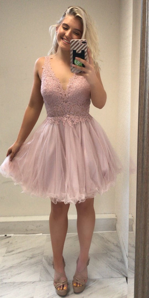 Amazing Lace Top Sleeveless V-neck Backless Tulle skirt Pink Homecoming dresses, HD0383