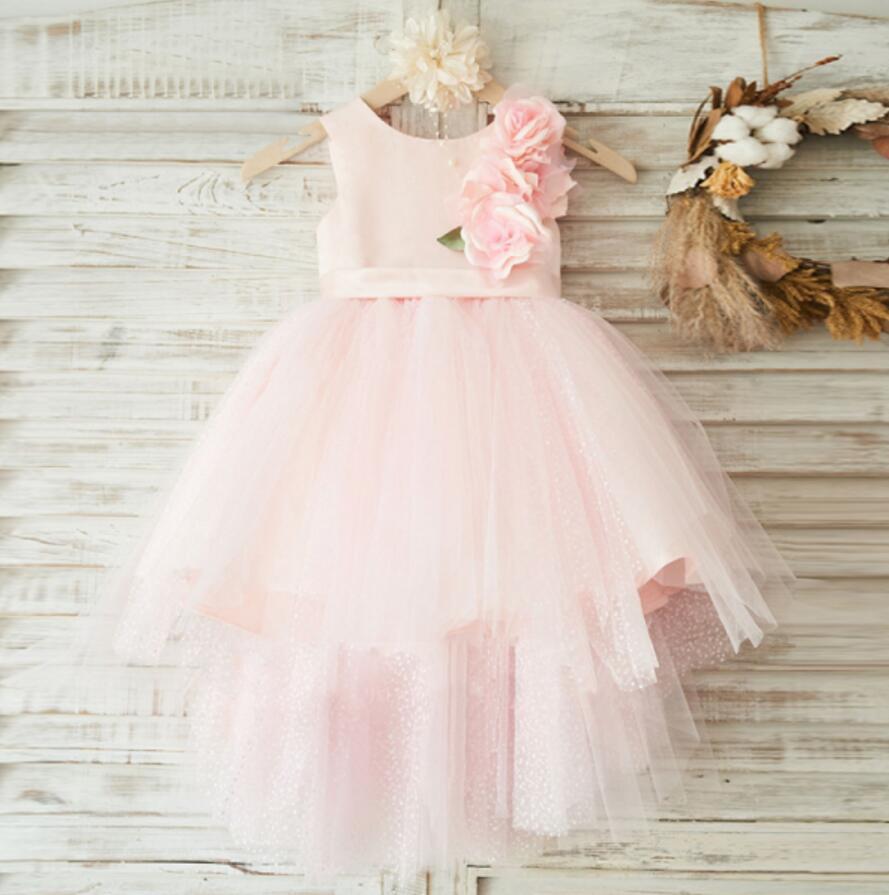 Pink Round neck applique zipper Dreamy Dress, sweet Flower Girl Dress, FG0099