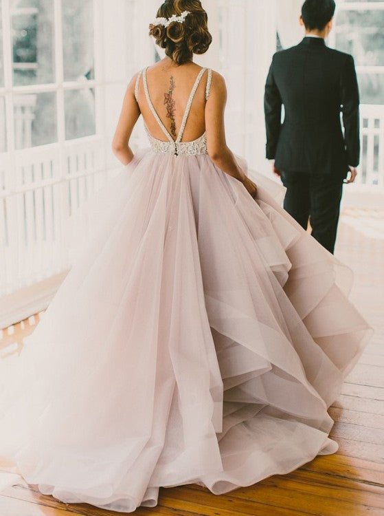 A-line Floor-length Crew Court Train Organza Lace Grey Open Back dresses, Wedding Dress ,WD0401
