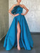 A-line Floor-length Strapless Long Blue Prom Dresses With Split, PD0584