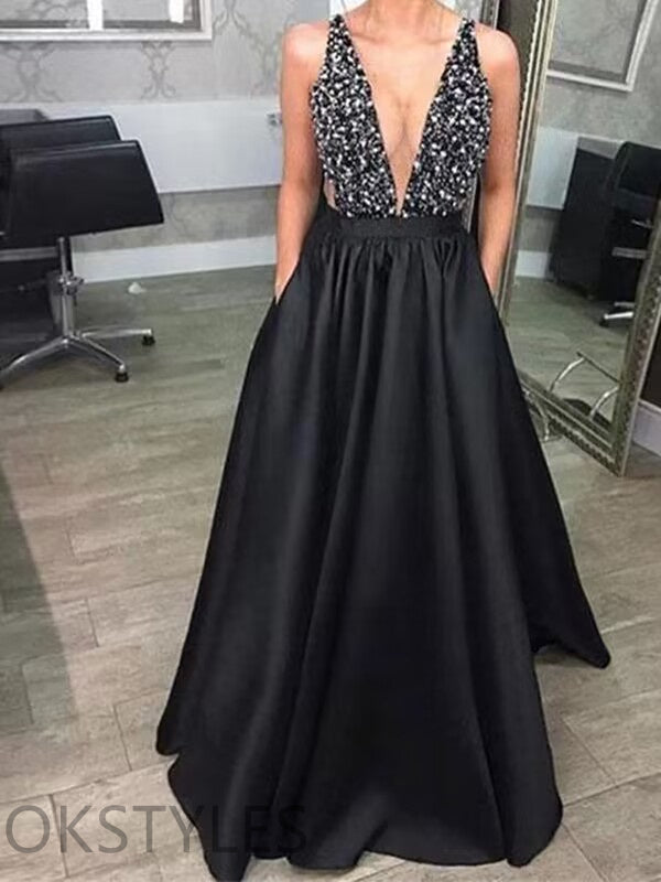V-neck Satin with Beads and Sequins Open Back Prom Dresses, OL240