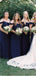 Spaghetti Straps Off-shoulder Navy Blue Chiffon Bridesmaid Dresses, BD0584
