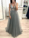 New A-line V-neck Grey Beaded Sequins Prom Dresses, OL129