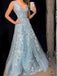 Charming Light Blue A-line V-neck Lace Tulle Applique Prom Dresses, OL141
