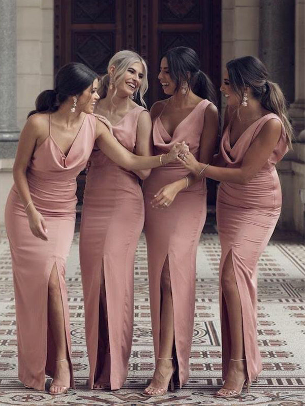 Elegant Pink Sheath V-neck Slit Bridesmaid Dresses, BG107