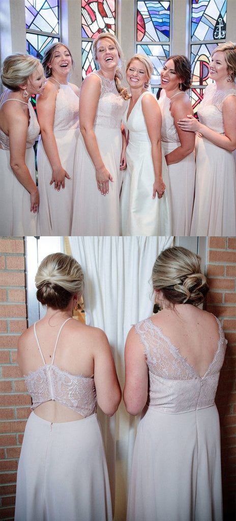 A-line Halter Sleeveless Lace Top Long Chiffon Bridesmaid Dresses, BD0578