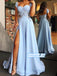 Simple A-line Cap Sleeves High Side Slit With Applique Long Prom Dresses, OL028