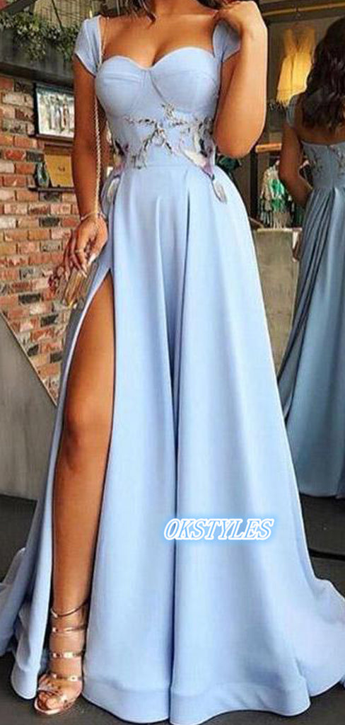 Simple A-line Cap Sleeves High Side Slit With Applique Long Prom Dresses, OL028