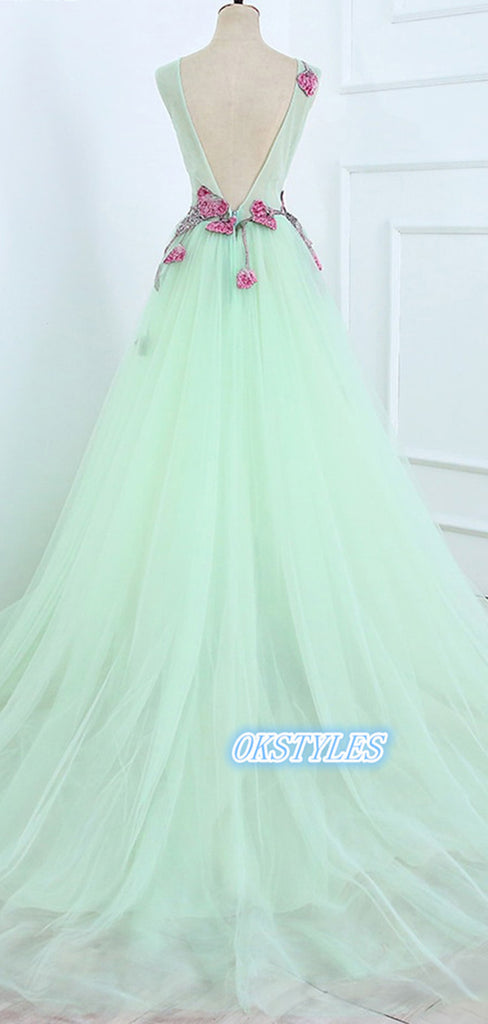 Beautiful A-line Sleevelesss V-back With Applique Long Prom Dresses, OL040