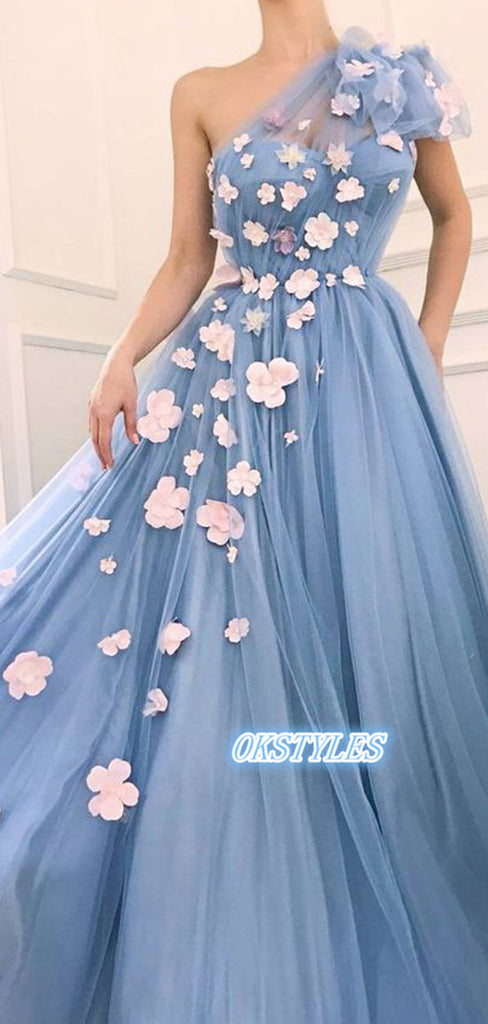 Elegant A-line One Shoulder Sleeveless With Applique Long Prom Dresses, OL041