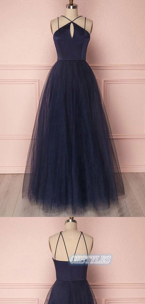 Simple Tulle A-line Sleeveless Lace-Up Back Floor-Length Prom Dresses, OL054
