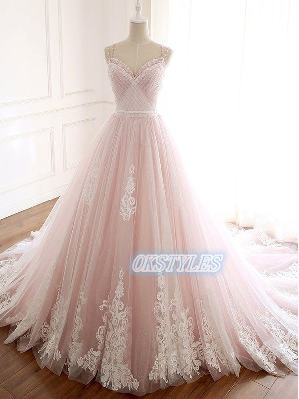 Elegant A-line Lace Applique Spaghetti-Straps Long Prom Dresses, OL066