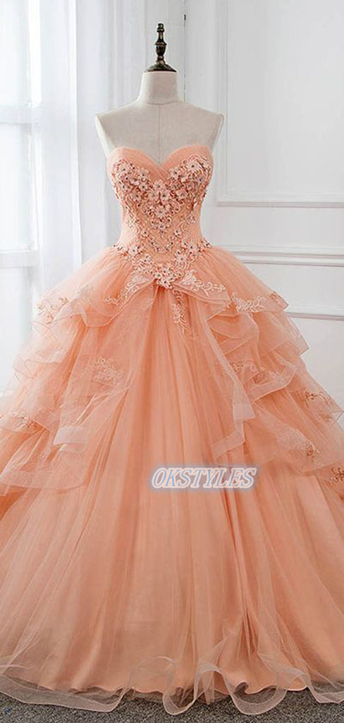 Beautiful Ball-Gown Sweetheart Lace Applique Long Prom Dresses, OL067