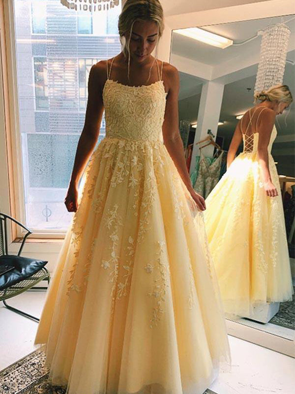 Formal A-line Tulle Lace Spaghetti Straps Yellow Prom Dresses, OL160