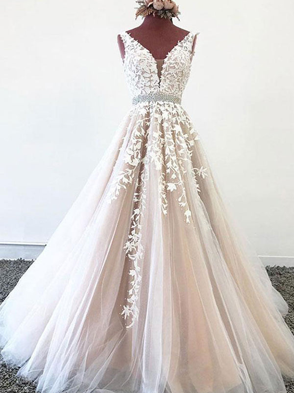 A-line Champagne Tulle Lace Long Prom Dresses, OL172