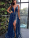 A-line Spaghetti Straps Sweep Train Dark Blue Sequins Prom Dresses with Split, OL216